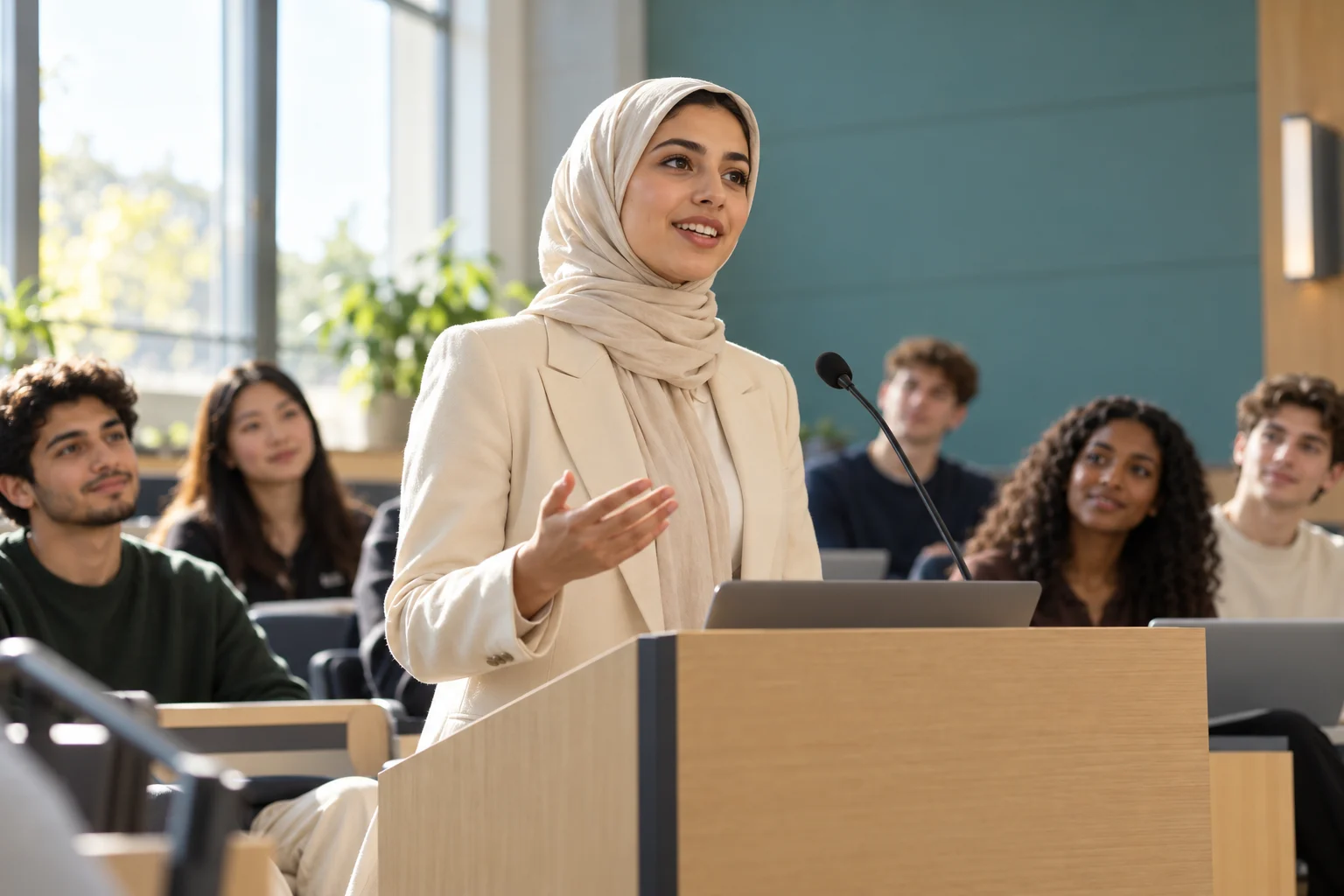 Learner speaking confidently in a public speaking class at Level Up Training Centre